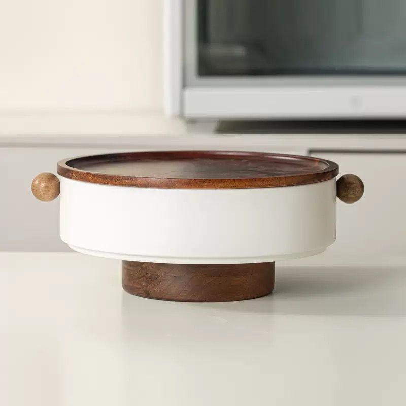 Nordic Ceramic Snack & Candy Dish with Natural Wood Accent Stand & Lid