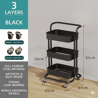3-Tier Carbon Steel Mobile Storage Utility Cart-Black