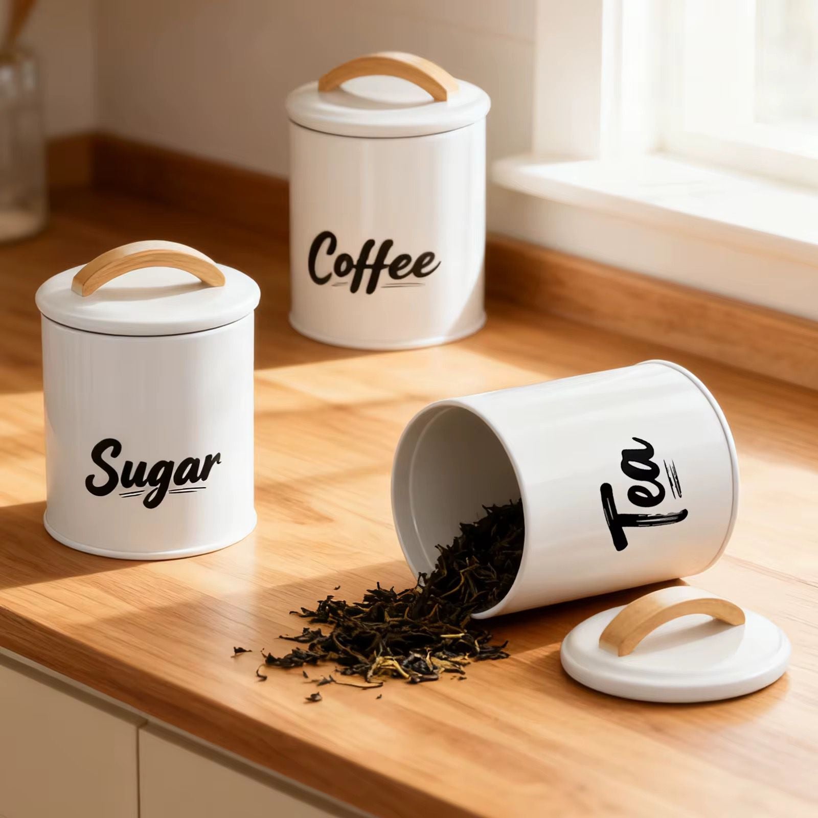 3-Piece Kitchen Storage Canister Set – Sugar, Coffee & Tea Containers with Wooden Lid Handles