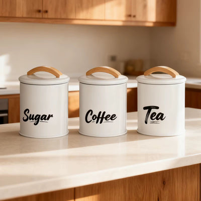 3-Piece Kitchen Storage Canister Set – Sugar, Coffee & Tea Containers with Wooden Lid Handles