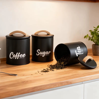 3-Piece Kitchen Storage Canister Set – Sugar, Coffee & Tea Containers with Wooden Lid Handles