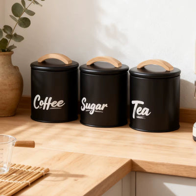 3-Piece Kitchen Storage Canister Set – Sugar, Coffee & Tea Containers with Wooden Lid Handles