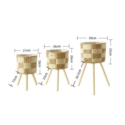 Hand-Woven Planter Basket Set with Modern Wooden Tripod Legs
