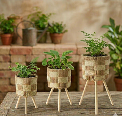 Hand-Woven Planter Basket Set with Modern Wooden Tripod Legs