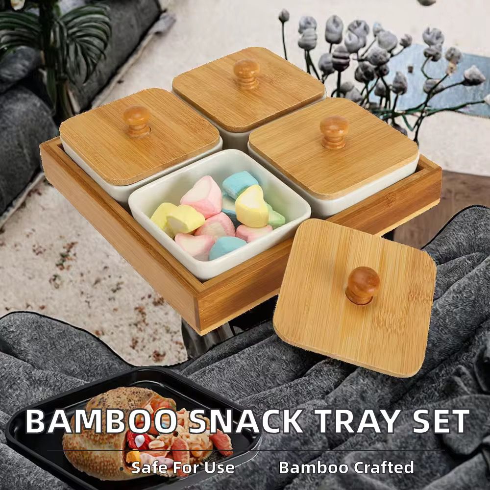 4-Grid Ceramic Condiment & Snack Server Set with Bamboo Display Tray