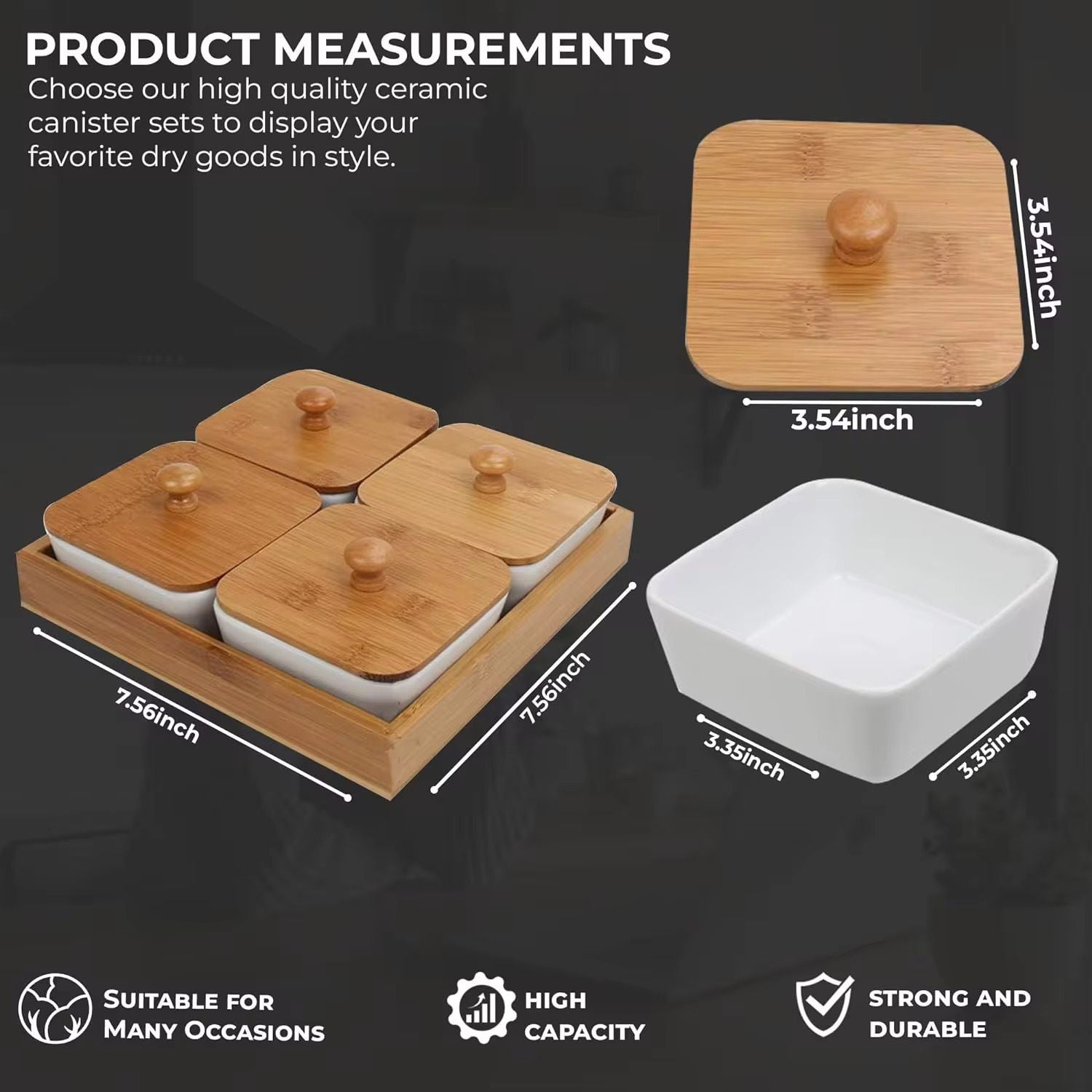 4-Grid Ceramic Condiment & Snack Server Set with Bamboo Display Tray