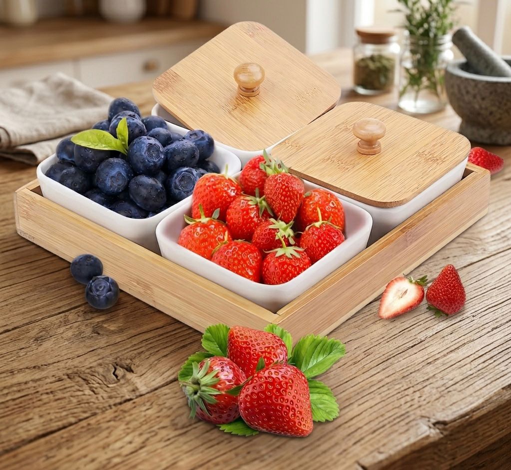 4-Grid Ceramic Condiment & Snack Server Set with Bamboo Display Tray