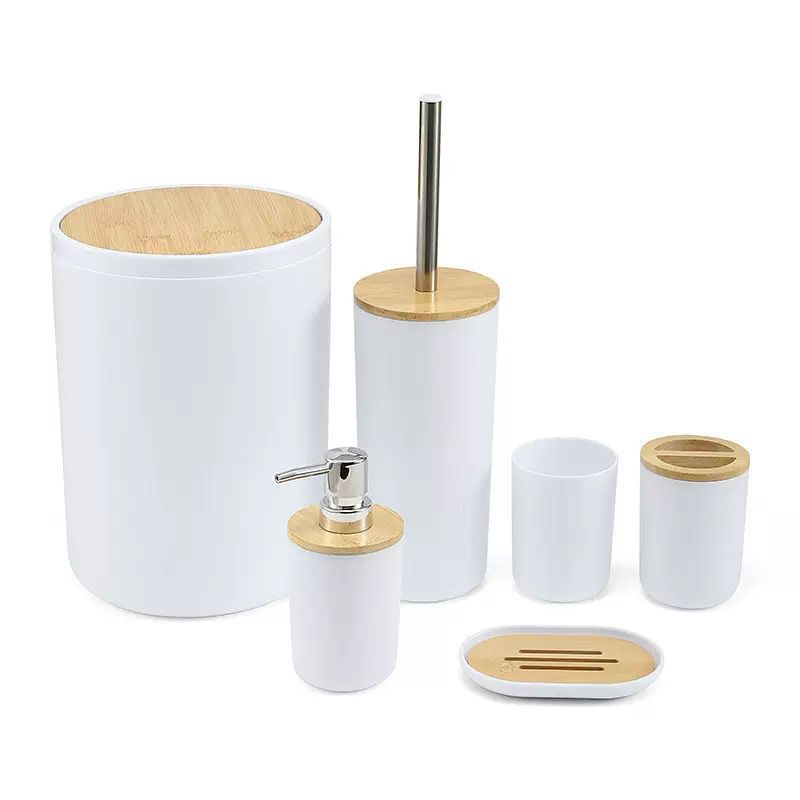 6-Piece Ceramic & Bamboo Bathroom Accessory Set – White