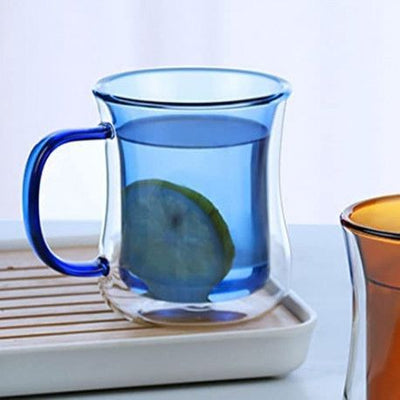 Double Wall 300ml Glass Cup with Blue Handle for Latte, Espresso & Cappuccino