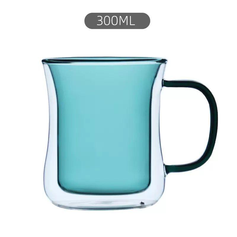 Double Wall 300ml Glass Cup with Green Handle for Latte, Espresso & Cappuccino