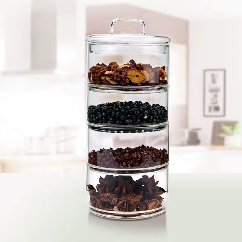 1600ML 4-Tier Stackable Clear Glass Storage Jar Set with Lid