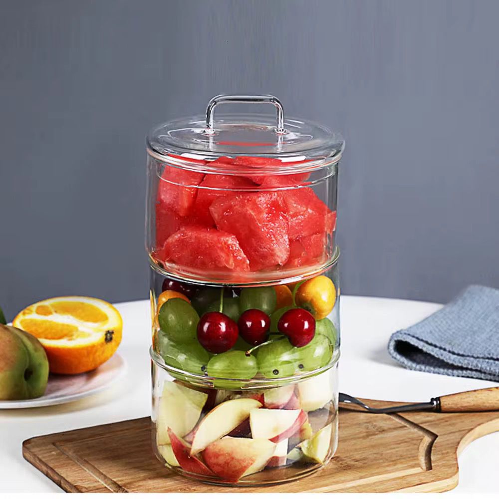 1200ML 3-Tier Stackable Clear Glass Storage Jar Set with Lid