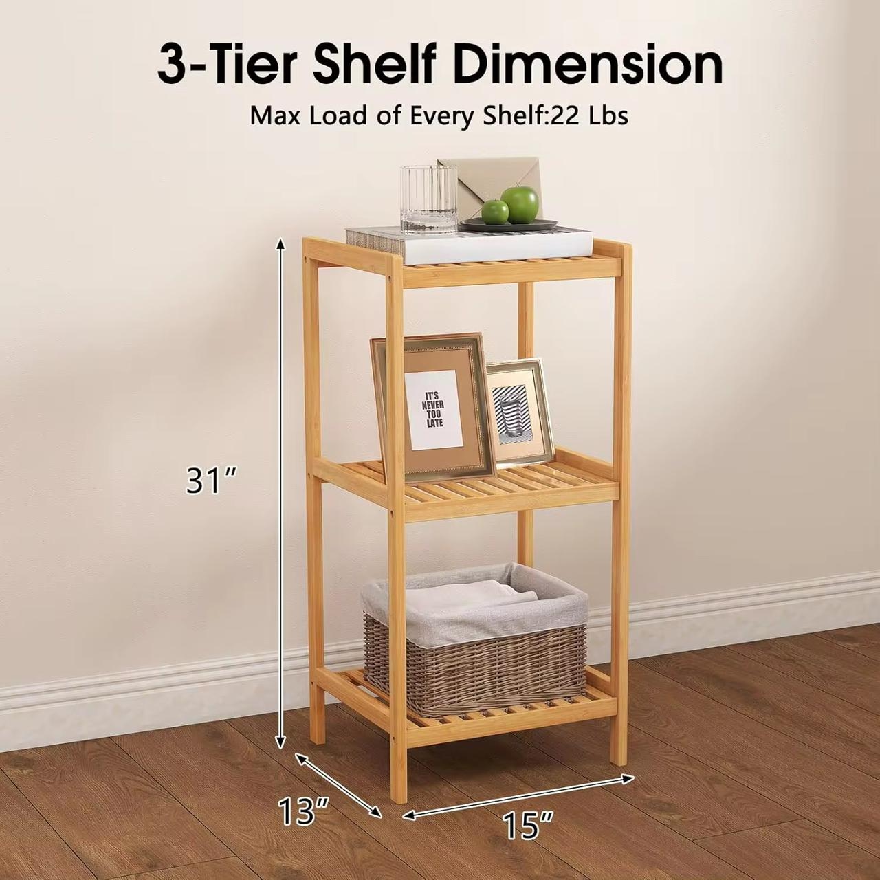 3-Tier Bamboo Storage Shelf – Free-Standing Slatted Organizer Rack for Bathroom & Living Room