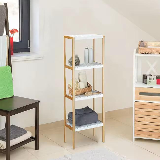 4-Tier Bamboo Storage Shelf with White Slatted Tiers
