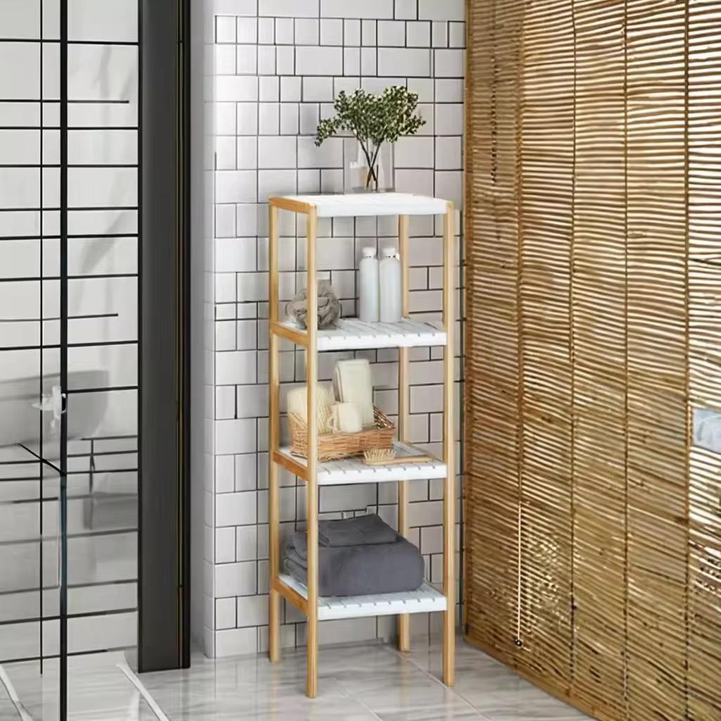 4-Tier Bamboo Storage Shelf with White Slatted Tiers