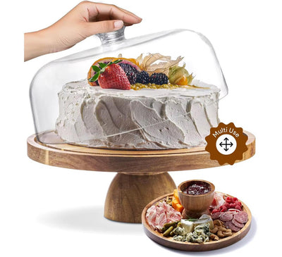 Premium Acacia Wood Cake Stand with Shatterproof Acrylic Dome Lid