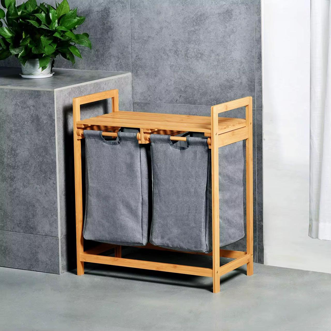 Bamboo Laundry Hamper with Dual Slide-Out Storage Bags