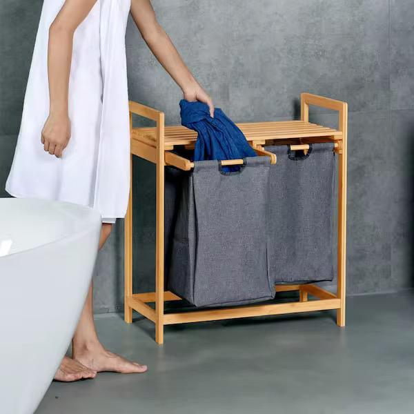 Bamboo Laundry Hamper with Dual Slide-Out Storage Bags
