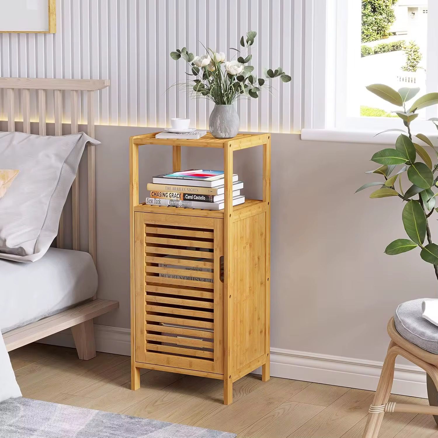 Multi-Tier Bamboo Bathroom Storage Cabinet with Door & Open Shelves – Space Saving Organizer Rack