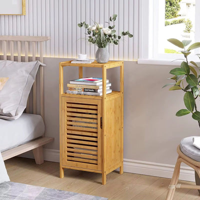 Multi-Tier Bamboo Bathroom Storage Cabinet with Door & Open Shelves – Space Saving Organizer Rack