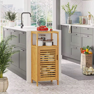 Multi-Tier Bamboo Bathroom Storage Cabinet with Door & Open Shelves – Space Saving Organizer Rack
