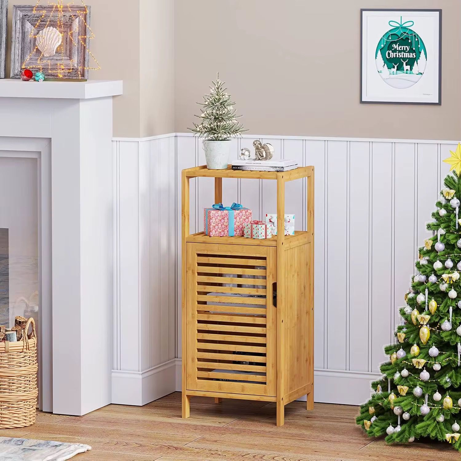 Multi-Tier Bamboo Bathroom Storage Cabinet with Door & Open Shelves – Space Saving Organizer Rack