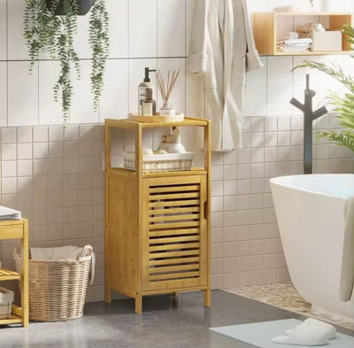 Multi-Tier Bamboo Bathroom Storage Cabinet with Door & Open Shelves – Space Saving Organizer Rack