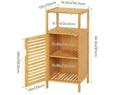Multi-Tier Bamboo Bathroom Storage Cabinet with Door & Open Shelves – Space Saving Organizer Rack