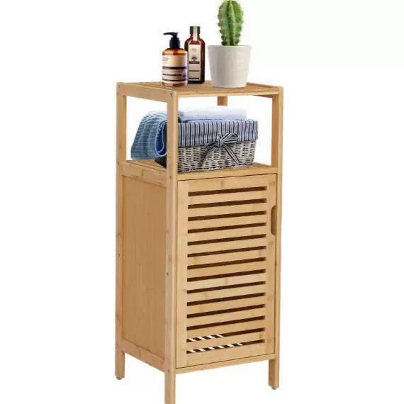 Multi-Tier Bamboo Bathroom Storage Cabinet with Door & Open Shelves – Space Saving Organizer Rack