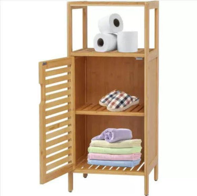 Multi-Tier Bamboo Bathroom Storage Cabinet with Door & Open Shelves – Space Saving Organizer Rack