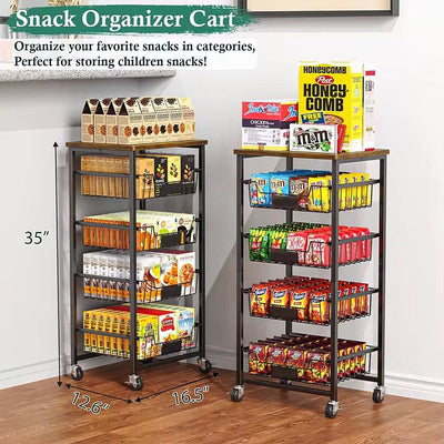 4-Tier Rolling Snack Organizer Cart with Industrial Wood Top – Mobile Pantry Storage