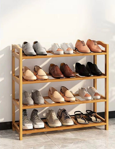 4-Tier Bamboo Shoe Rack Organizer – Free-Standing Slatted Wooden Shoe Shelf & Display Stand