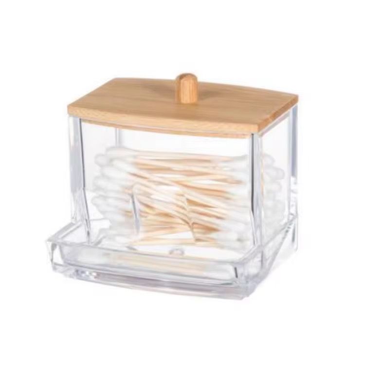 Clear Acrylic Cotton Swab Dispenser with Natural Bamboo Li