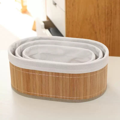 3-Piece Oval Bamboo Storage Basket Set with Removable Fabric Liners