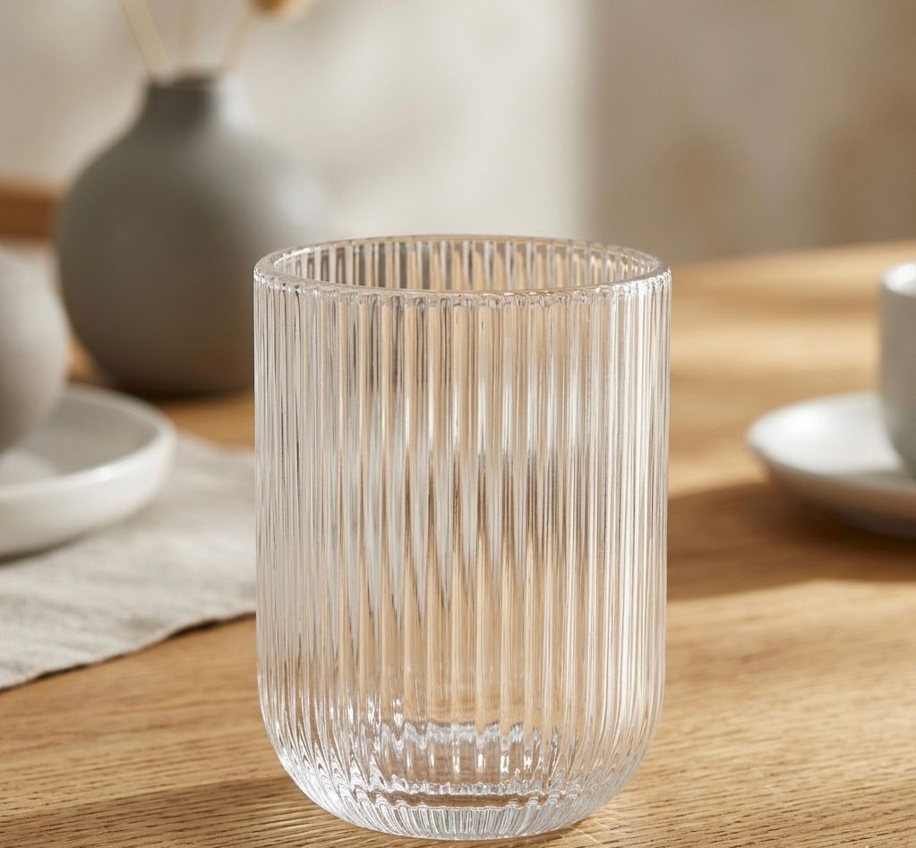 Set of 6 - 270ml Ribbed Transparent Glass Tumbler – Minimalist Fluted Drinking Glass for Water, Juice, and Cocktails