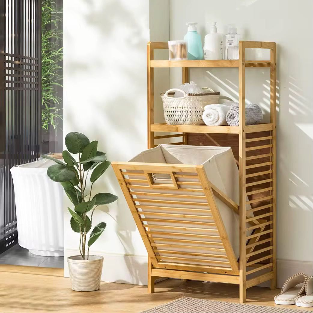 Bamboo Tilt-Out Laundry Hamper with 2-Tier Storage Shelves