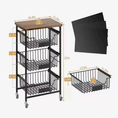 3-Tier Rolling Kitchen Utility Cart with Industrial Wood Top – Mobile Storage Organizer