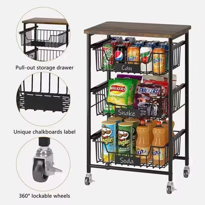 3-Tier Rolling Kitchen Utility Cart with Industrial Wood Top – Mobile Storage Organizer