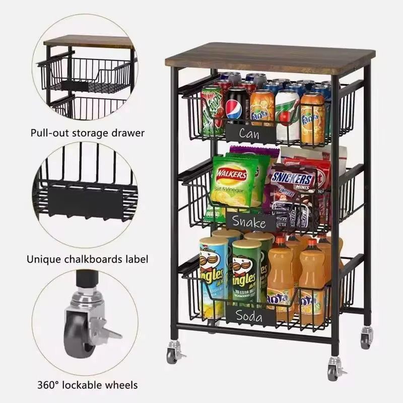 3-Tier Rolling Kitchen Utility Cart with Industrial Wood Top – Mobile Storage Organizer