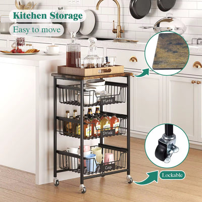 3-Tier Rolling Kitchen Utility Cart with Industrial Wood Top – Mobile Storage Organizer