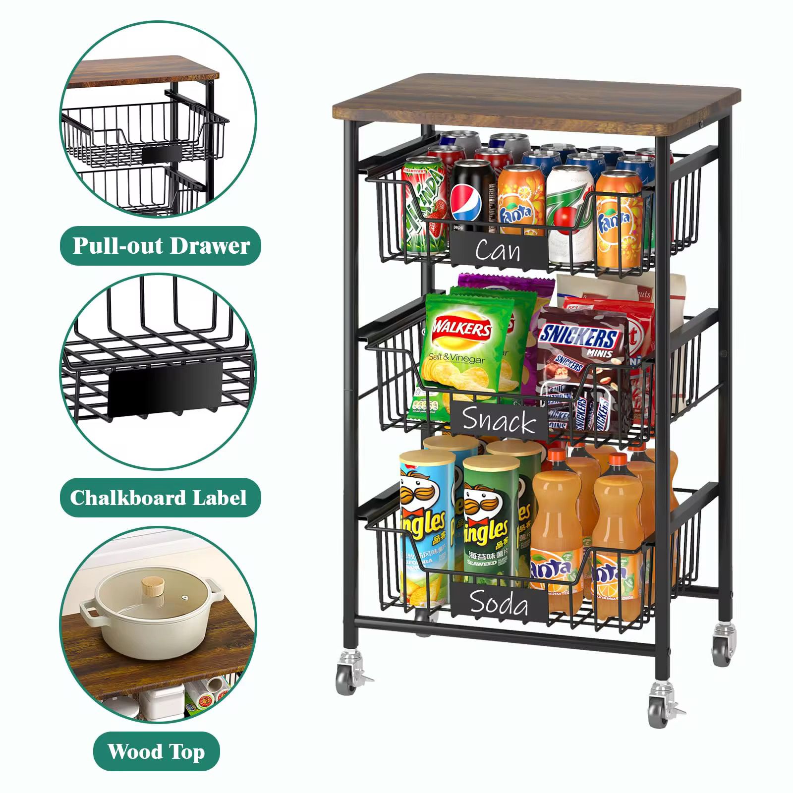 3-Tier Rolling Kitchen Utility Cart with Industrial Wood Top – Mobile Storage Organizer