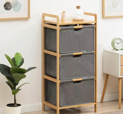 3-Tier Fabric Drawer Storage Organizer – Wooden Frame Space Saving Storage Cabinet