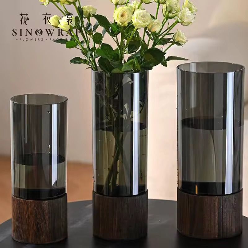 Set of 3 Modern Smoked Glass Cylinder Flower Vase with Dark Wood Base