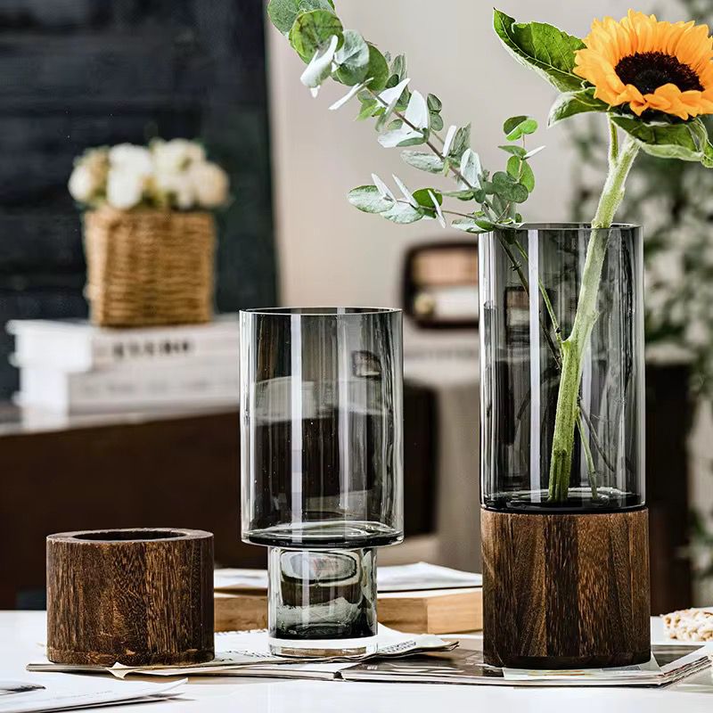 Set of 3 Modern Smoked Glass Cylinder Flower Vase with Dark Wood Base