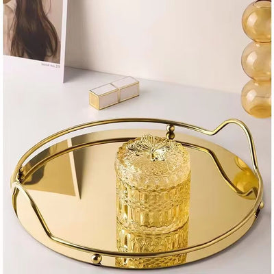 Modern 13-Inch Round Gold Mirror Tray – Decorative Stainless Steel Serving Platter with Integrated Handles