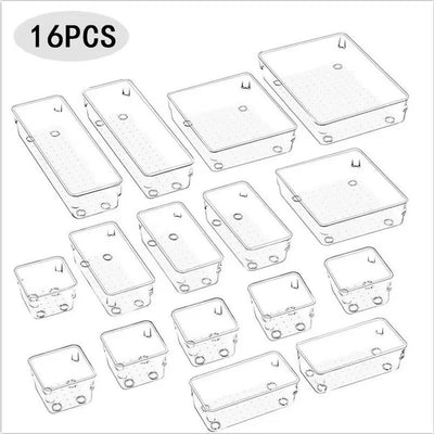 16-Piece Clear Desk Drawer Organizer Bins Set
