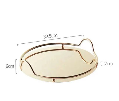 Modern 13-Inch Round Gold Mirror Tray – Decorative Stainless Steel Serving Platter with Integrated Handles