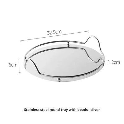 Modern 13-Inch Round Silver Mirror Vanity Tray – Stainless Steel Serving Platter with Integrated Wave Handles