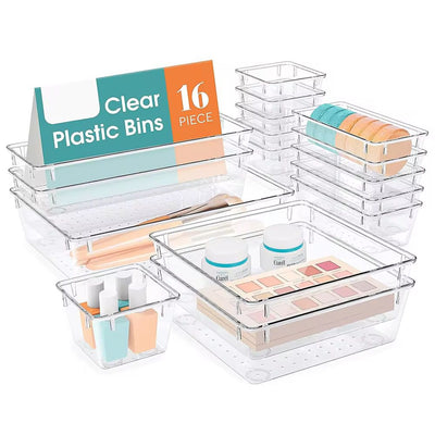 16-Piece Clear Desk Drawer Organizer Bins Set