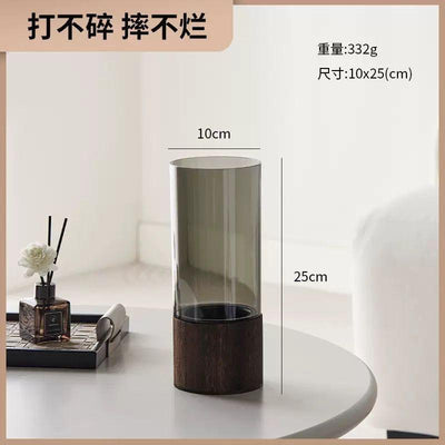 Set of 3 Modern Smoked Glass Cylinder Flower Vase with Dark Wood Base